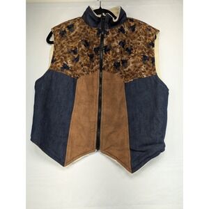 Womens Western Vest Horse Print Denim Suede Sherpa Lined Zip Up Cowboy Style PL